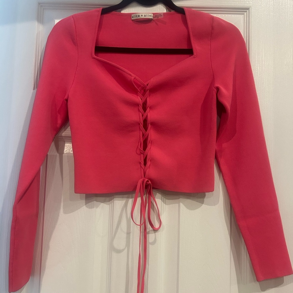 Alice + Olivia Pink Long Sleeve Tie Front Crop Blouse